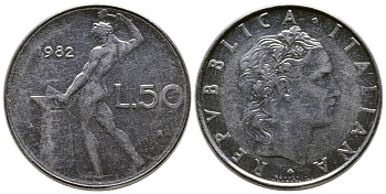 Италия 50 лир 1982 R, бог огня Вулкан у наковальни KM 95.1 нержавеющая сталь    4606-135