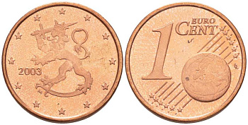 ФИНЛЯНДИЯ 1 ЕВРОЦЕНТ 2003 M KM 98 сталь плакированная медью UNC 214-259