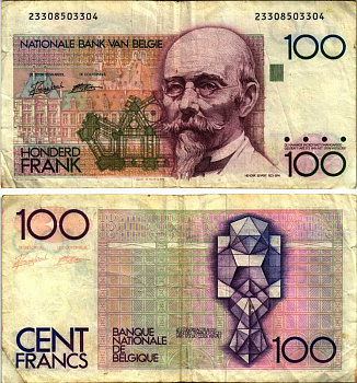 БЕЛЬГИЯ 100 ФРАНКОВ 1982-1994 ПОДПИСЬ (5 И 14), АРХИТЕКТОР ХЕНДРИК БЕЙЕРТ Pick 142а бумага 7219-17-3-2