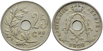 БЕЛЬГИЯ 25 САНТИМОВ 1928 BELGIE KM 69 медно-никель 4388-1153