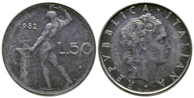 Италия 50 лир 1982 R, бог огня Вулкан у наковальни KM 95.1 нержавеющая сталь    4606-135