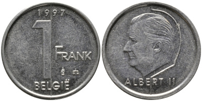 БЕЛЬГИЯ 1 ФРАНК 1997 BELGIE, АЛЬБЕРТ II (1993-) KM 188 железо плакированное никелем 99-1252