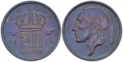 Бельгия 20 сантимов 1954 Belgie, Бодуэн I (1951-1993) KM 147.1 бронза 66-439