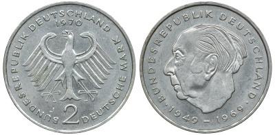 ФРГ 2 марки 1970 J, Теодор Хойс KM A127, J. 407 медно-никель плакированный никелем UNC 4681-931