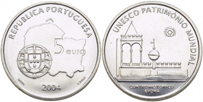 ПОРТУГАЛИЯ 5 ЕВРО 2004 ЮНЕСКО, ИСТОРИЧЕСКИЙ ЦЕНТР ЭВОРА KM 755 серебро UNC 3896-1124