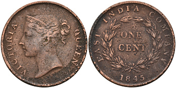 Стрейтс-Сетлментс 1 цент 1845 Виктория (1837-1901), Ост-Индская компания KM 3 медь 4590-133
