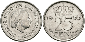 Нидерланды 25 центов 1955 Юлиана (1949-1980) KM 183 никель 96-132