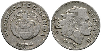 Колумбия 10 сентаво 1954 В, индеец Каларка KM 212.2 медно-никель 4549-621