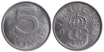 Швеция 5 крон 1980 U Карл XVI Густав (1973- ) KM 853 медно-никель UNC 84-1445
