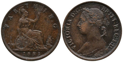 Великобритания 1 фартинг 1883 Виктория (1837-1901) KM 753, Spink 3958 бронза 1518-534