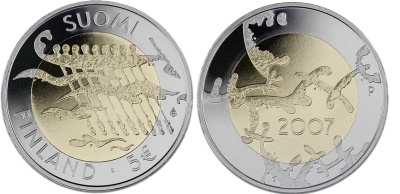 Финляндия 5 евро 2007 90 лет независимости Финляндии KM 135 биметалл BUNC M13-06