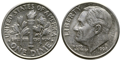 США 10 ЦЕНТОВ = 1 ДАЙМ 1999 D, РУЗВЕЛЬТ KM 195а медь плакированная медно-никелем 57-1261