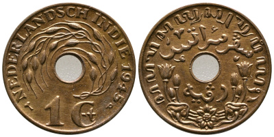 Нидерландская Восточная Индия 1 цент 1945 р, Вильгельмина (1890-1948) KM 317 бронза UNC 4610-1026