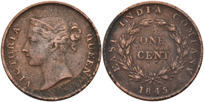Стрейтс-Сетлментс 1 цент 1845 Виктория (1837-1901), Ост-Индская компания KM 3 медь 4590-133