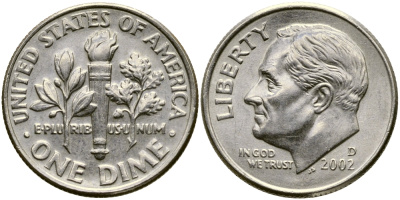 США 10 ЦЕНТОВ = 1 ДАЙМ 2002 D, РУЗВЕЛЬТ KM 195а медь плакированная медно-никелем 46-964