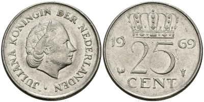 Нидерланды 25 центов 1969 Юлиана (1948-1980) KM 183 никель 96-219