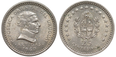 Уругвай 25 сентесимо 1960 KM 40 медно-никель 4580-835