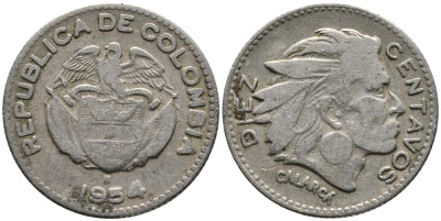 Колумбия 10 сентаво 1954 В, индеец Каларка KM 212.2 медно-никель 4549-621