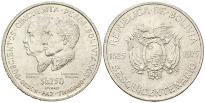 Боливия 250 песо 1975 150 лет независимости KM 195 серебро UNC 443-433