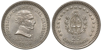 Уругвай 25 сентесимо 1960 KM 40 медно-никель 4169-945