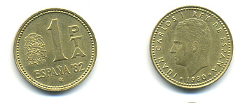 Испания 1 песета 1980 (82) чемпионат мира по футболу в Испании 1982 года, Хуан Карлос I (1975-) KM 816 алюминиевая бронза 177-131