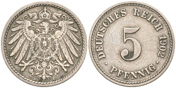 ГЕРМАНИЯ 5 ПФЕННИГОВ 1902 A, KM 11, J. 12 медно-никель 73-1569