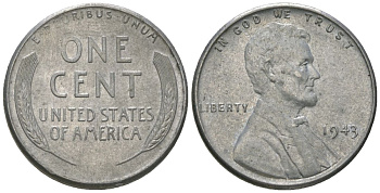 США 1 цент 1943 Авраам Линкольн KM 132 a сталь покрытая цинком aUNC 112-547