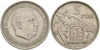 ИСПАНИЯ 5 ПЕСЕТ 1957 (64) ФРАНСИСКО ФРАНКО ДИКТАТОР ИСПАНИИ (1939-1975) KM 786 медно-никель 4364-3426
