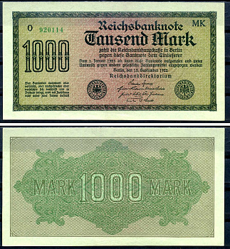Германия 1000 марок 1922 выпуск 15 сентября 1922, водяной знак K, зеленая бумага, серия MK, буква O Pick 76 h (2) бумага aUNC 8589-11-3-1
