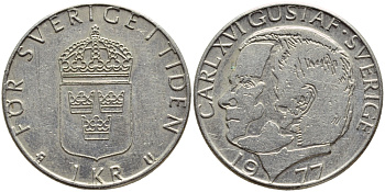 Швеция 1 крона 1977 Карл XVI Густав (1973- ) KM 852 медь плакированная медно-никелем 4397-151