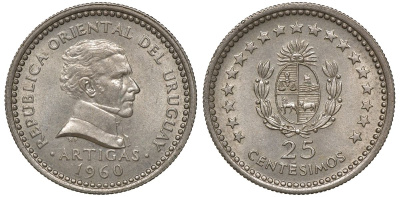 Уругвай 25 сентесимо 1960 KM 40 медно-никель 4169-945