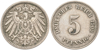 ГЕРМАНИЯ 5 ПФЕННИГОВ 1902 A, KM 11, J. 12 медно-никель 73-1569
