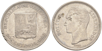 Венесуэла 50 сентимо 1965 Симон Боливар KM 41, Schon 51 никель 186-821