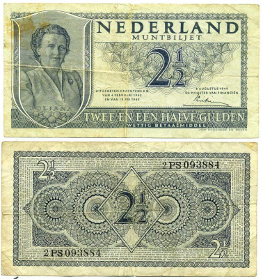 НИДЕРЛАНДЫ 2 1/2 ГУЛЬДЕНА 1949 8 АВГУСТА 1949, КОРОЛЕВА ЮЛИАНА Pick 73 бумага 7484-54-3
