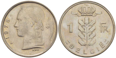 БЕЛЬГИЯ 1 ФРАНК 1978 BELGIE, БОДУЭН I (1951-1993) KM 143.1 медно-никель 202-1116