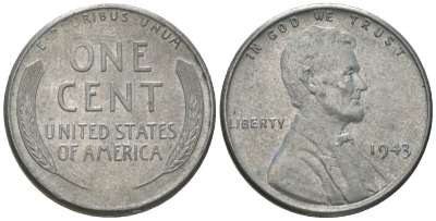 США 1 цент 1943 Авраам Линкольн KM 132 a сталь покрытая цинком aUNC 112-547