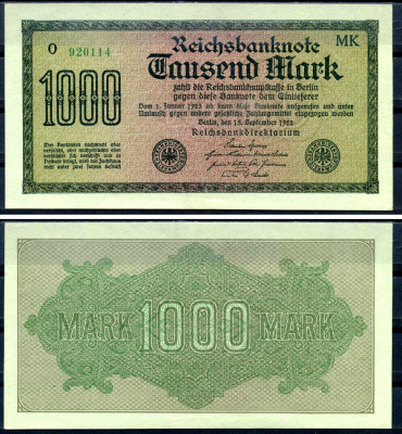 Германия 1000 марок 1922 выпуск 15 сентября 1922, водяной знак K, зеленая бумага, серия MK, буква O Pick 76 h (2) бумага aUNC 8589-11-3-1