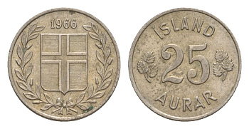 Исландия 25 эйре 1966 KM 11 медно-никель UNC 4632-951