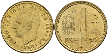 Испания 1 песета 1980 (81) чемпионат мира по футболу в Испании 1982 года, Хуан Карлос I (1975-) KM 816 алюминиевая бронза 4598-1245