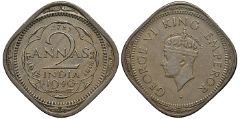 Британская Индия 2 анна 1946 Георг VI (1936-1952) KM 542 медно-никель 119-222
