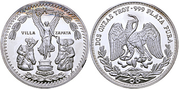 Мексика 2 унции ND богиня победы Ника, с венком, Мексиканские революционеры, диаметр 48 мм., вес 2 тройские унции серебро PROOF 00-00