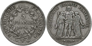 Франция 5 франков 1876 А, Геракл с богинями равенства и братства KM 820.1 серебро 633-1145