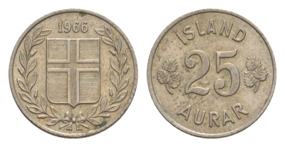 Исландия 25 эйре 1966 KM 11 медно-никель UNC 4632-951