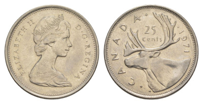 Канада 25 центов 1971 Елизавета II (1952-2022), олень KM 62b никель 4631-614