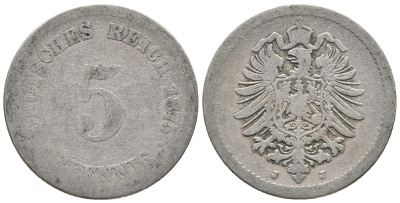 ГЕРМАНИЯ 5 ПФЕННИГОВ 1875 J, СТАРОГЕРБОВКА KM 3, J. 3 медно-никель 39-353