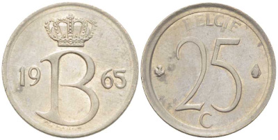 Бельгия 25 сантимов 1965 Belgie, Бодуэн I (1951-1993) KM 154.1 медно-никель 214-143