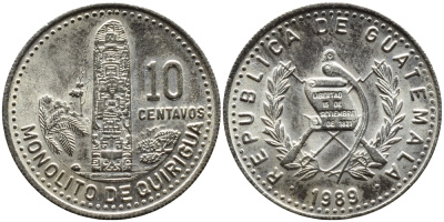 Гватемала 10 сентаво 1989 монолиты Киригуа KM 277.5 медно-никель UNC 00-00