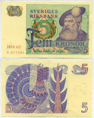 Швеция 5 крон 1978 AU, Густав I Ваза Pick 51d бумага aUNC 444-113-3