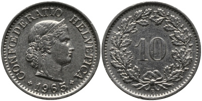 Швейцария 10 раппенов 1965 В KM 27 медно-никель 33-246