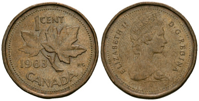 Канада 1 цент 1983 Елизавета II (1953-), кленовый лист KM 132 бронза 4173-1163